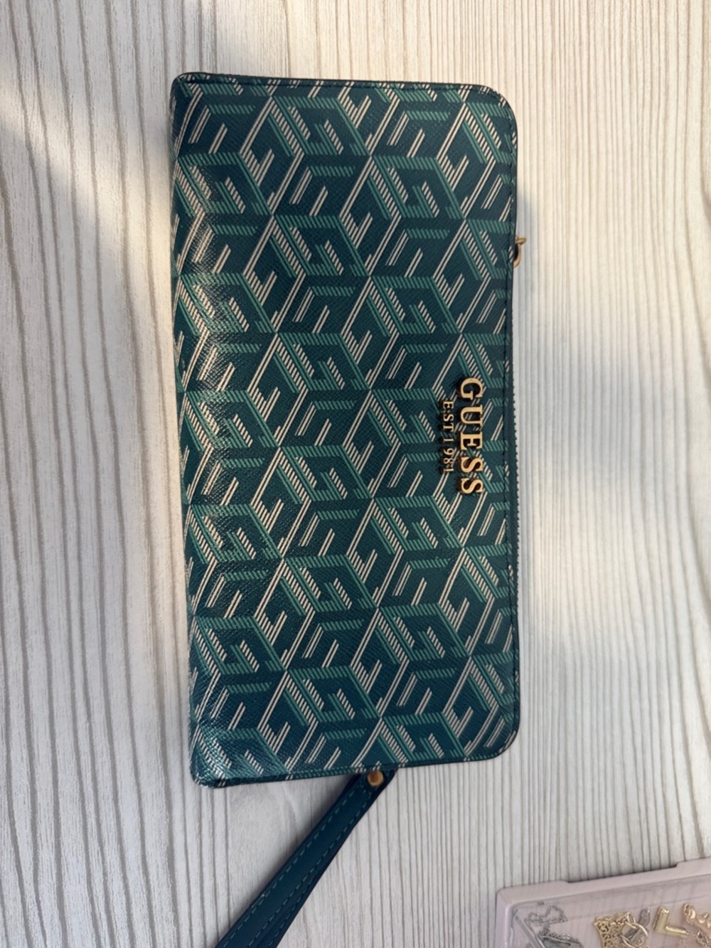 Guess Teal Geometric Zip Wallet with Gold Logo